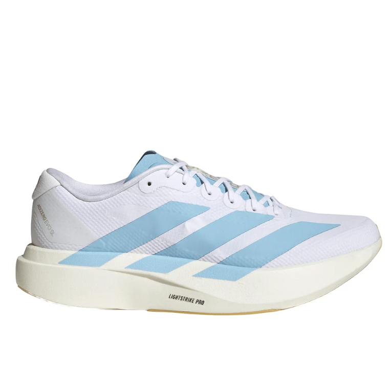 White & Light Blue Three-Stripe Running Shoes