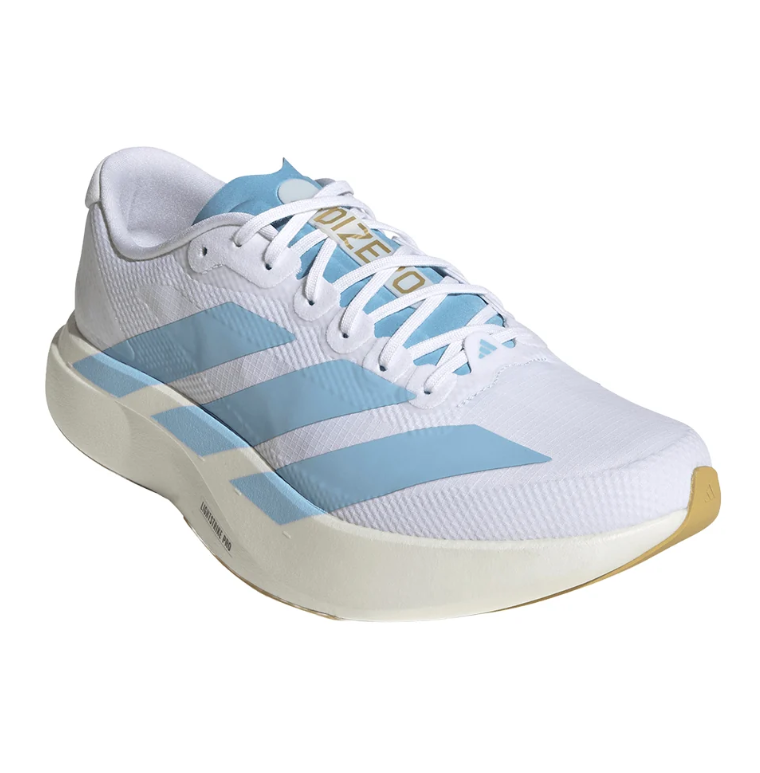 White & Light Blue Three-Stripe Running Shoes