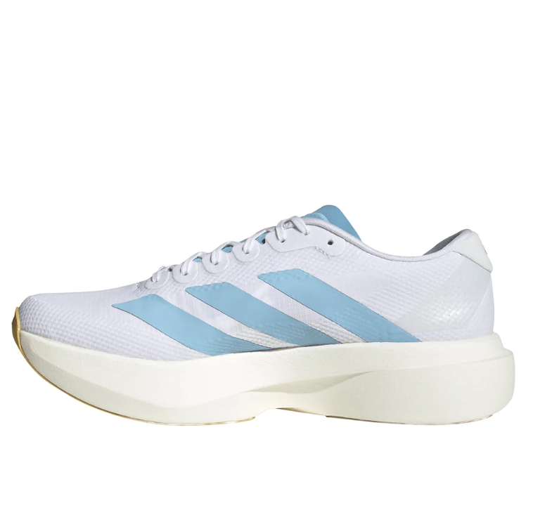 White & Light Blue Three-Stripe Running Shoes