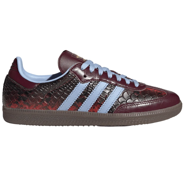 Croc-Effect Low-Top Sneakers – Burgundy & Light Blue