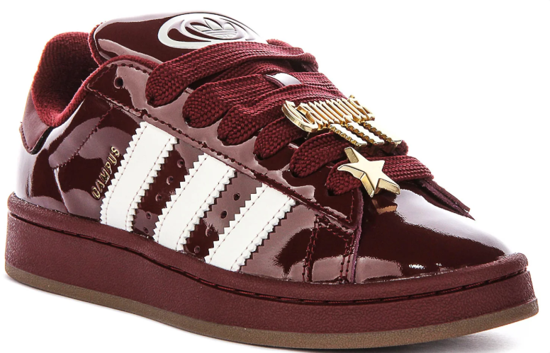 Campus Glossy Low-Top Sneakers – Burgundy & White with Gold Charms