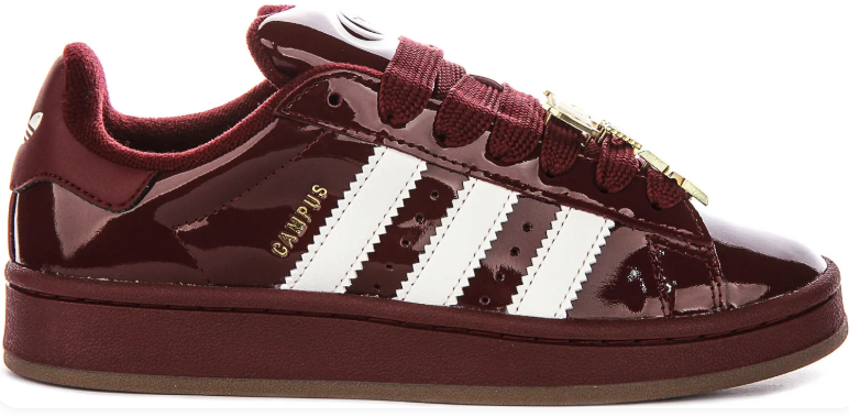 Campus Glossy Low-Top Sneakers – Burgundy & White with Gold Charms