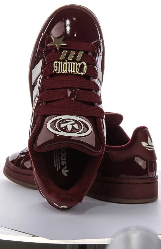Campus Glossy Low-Top Sneakers – Burgundy & White with Gold Charms
