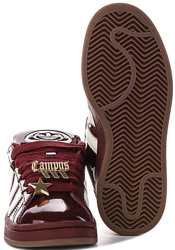 Campus Glossy Low-Top Sneakers – Burgundy & White with Gold Charms