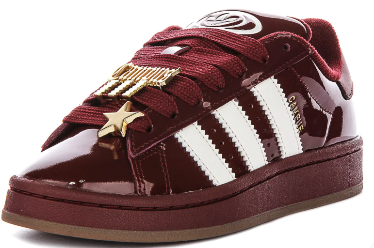 Campus Glossy Low-Top Sneakers – Burgundy & White with Gold Charms