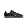 Textured Low-Top Sneakers – Black with Glossy Stripes & Brown Sole