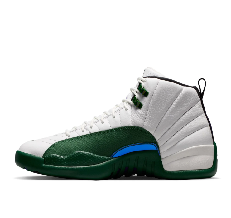 Air Jordan 12 High-Top Sneakers – White & Dark Green with Iridescent Accents
