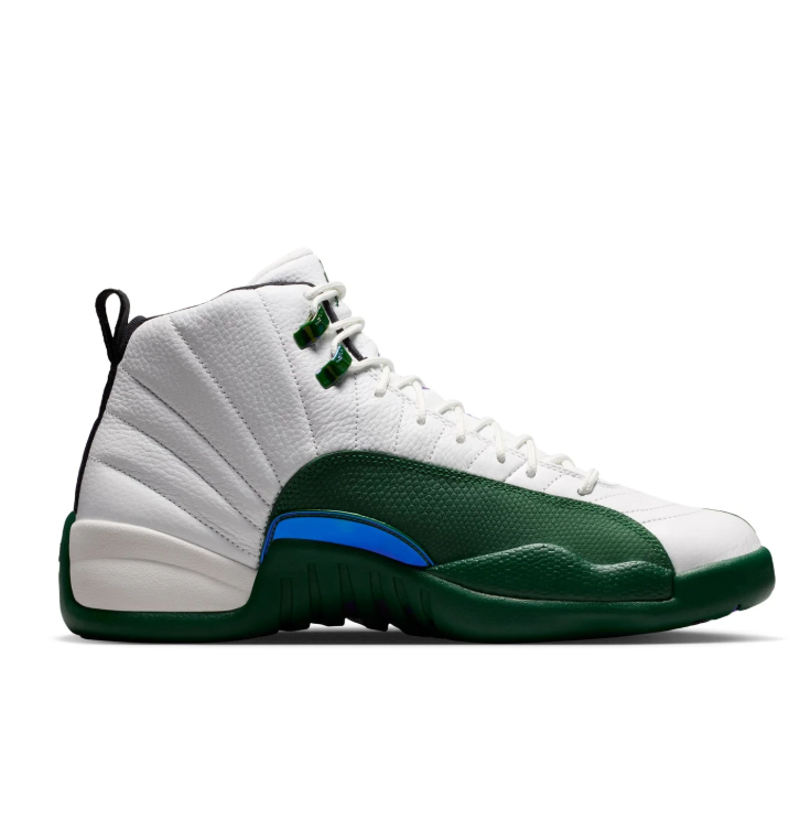 Air Jordan 12 High-Top Sneakers – White & Dark Green with Iridescent Accents