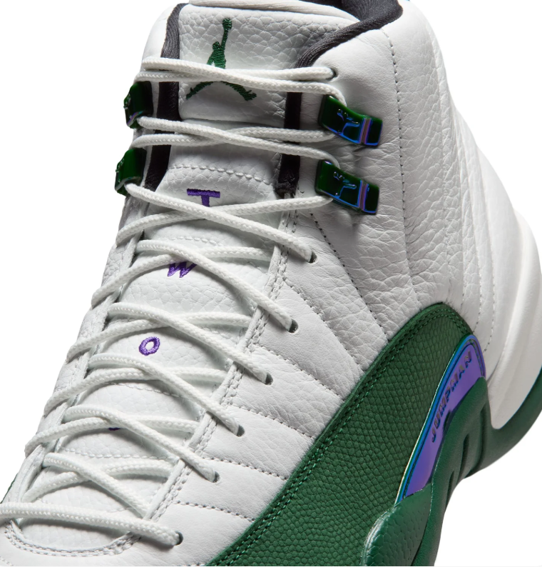 Air Jordan 12 High-Top Sneakers – White & Dark Green with Iridescent Accents
