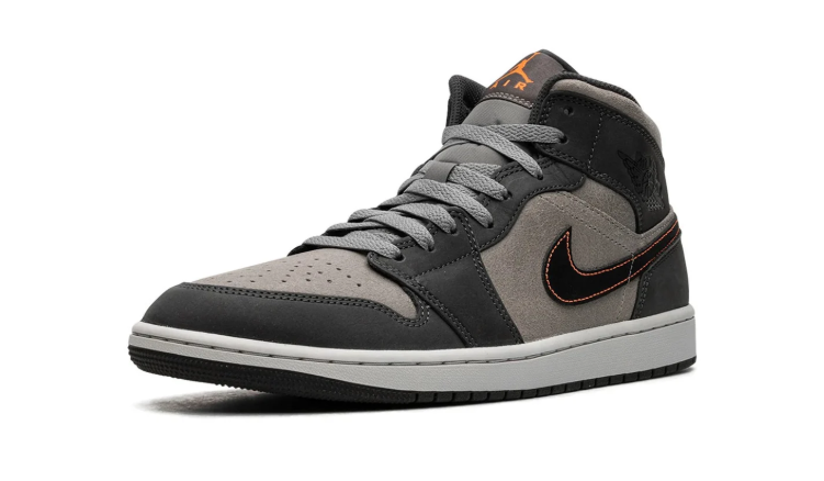 Air Jordan 1 Mid Sneakers – Charcoal & Gray with Orange Accents