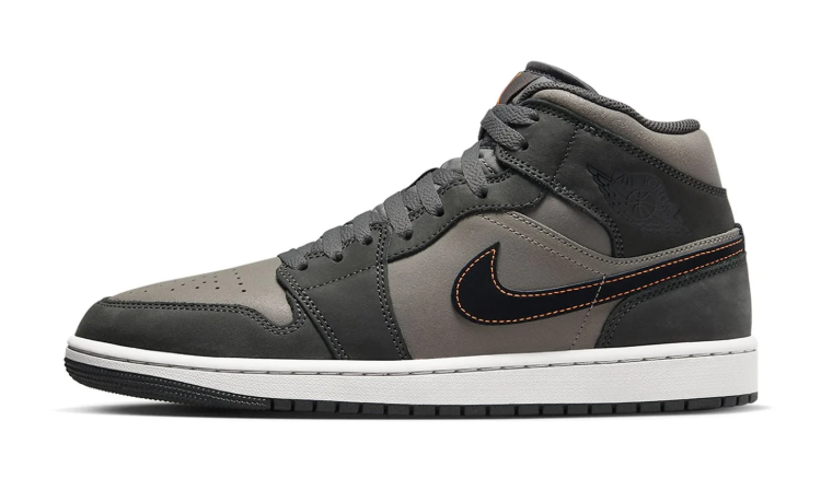 Air Jordan 1 Mid Sneakers – Charcoal & Gray with Orange Accents