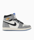 Air Jordan 1 High-Top Sneakers – Textured Gray, Cream & Black with Gold Accents