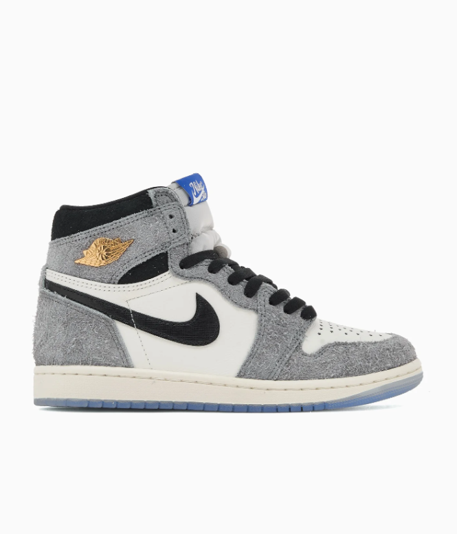 Air Jordan 1 High-Top Sneakers – Textured Gray, Cream & Black with Gold Accents