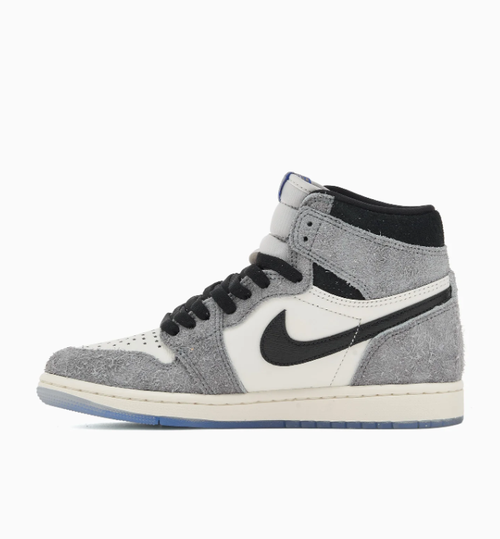 Air Jordan 1 High-Top Sneakers – Textured Gray, Cream & Black with Gold Accents