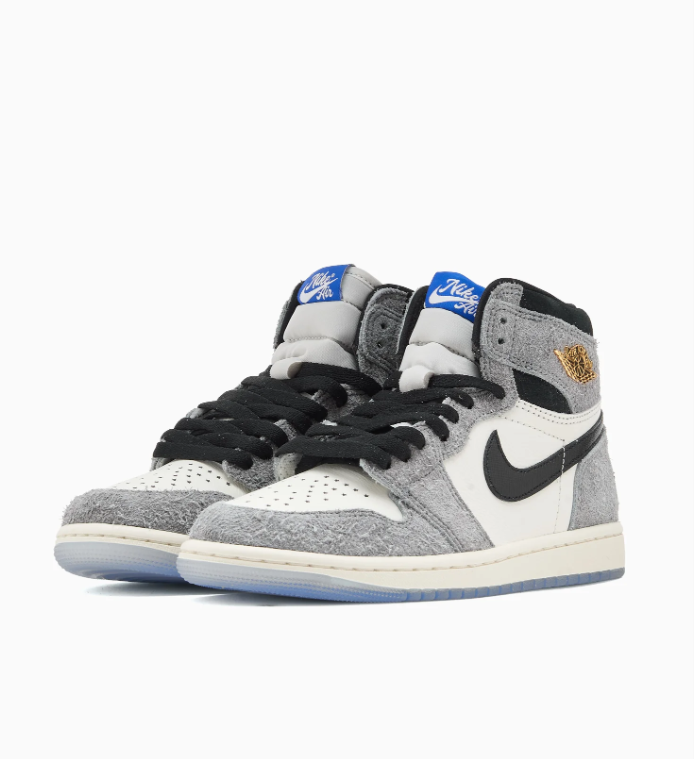 Air Jordan 1 High-Top Sneakers – Textured Gray, Cream & Black with Gold Accents