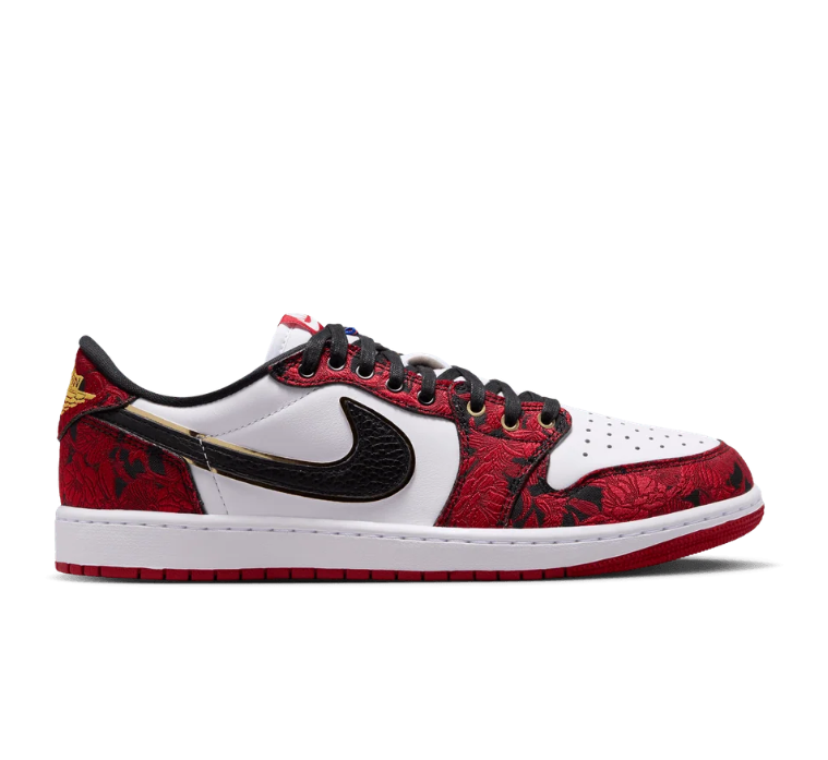Air Jordan 1 Low-Top Sneakers – Red Floral, White & Black with Gold Accents