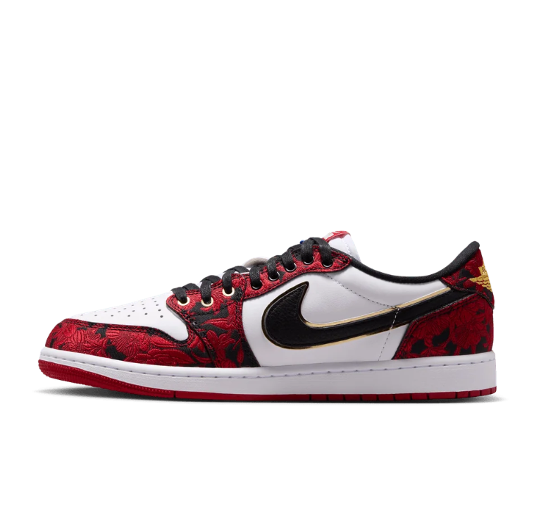 Air Jordan 1 Low-Top Sneakers – Red Floral, White & Black with Gold Accents