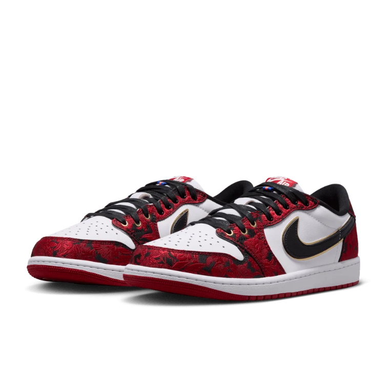 Air Jordan 1 Low-Top Sneakers – Red Floral, White & Black with Gold Accents