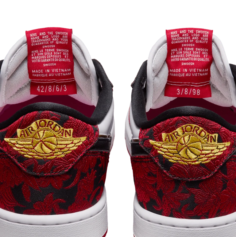 Air Jordan 1 Low-Top Sneakers – Red Floral, White & Black with Gold Accents