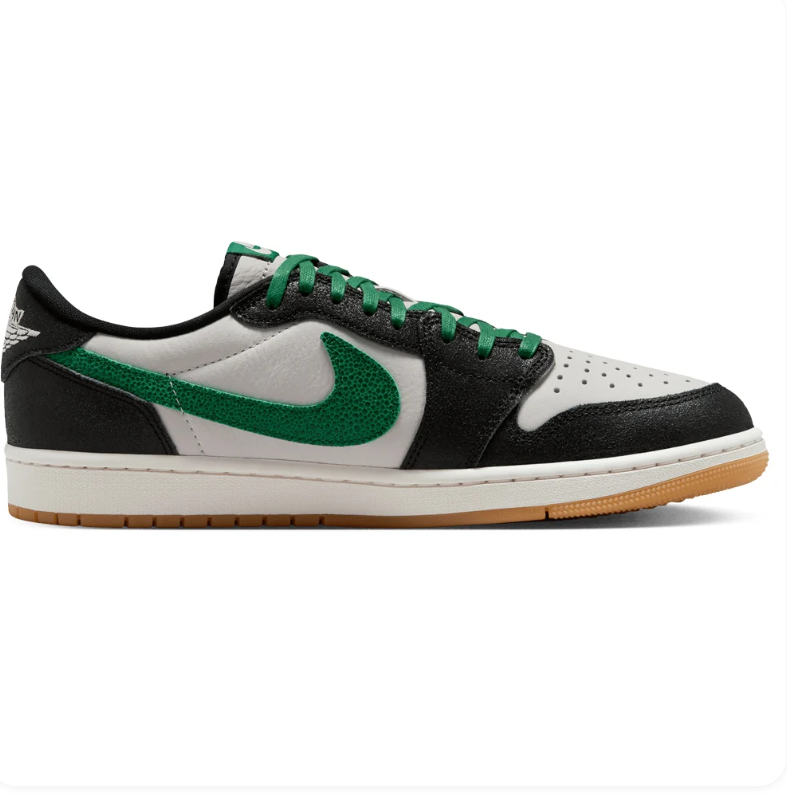 Air Jordan 1 Low-Top Sneakers – Black, White & Green with Gum Sole