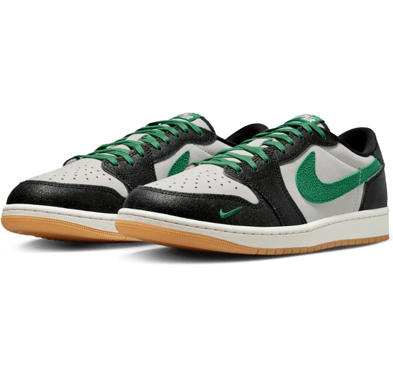 Air Jordan 1 Low-Top Sneakers – Black, White & Green with Gum Sole