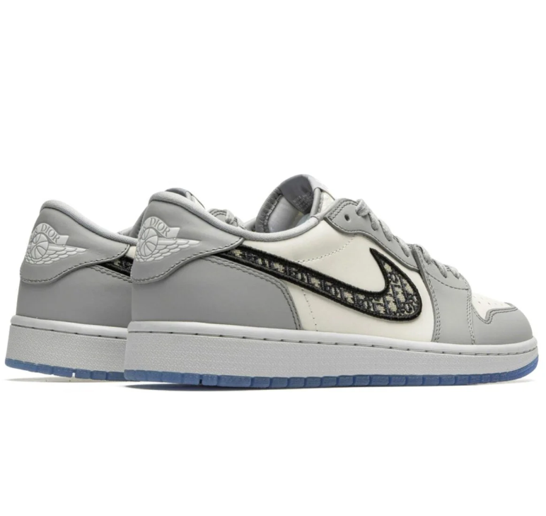Air Jordan 1 Low Sneakers – Gray & White with Patterned Swooshes