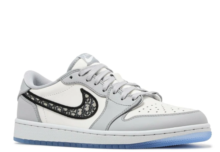 Air Jordan 1 Low Sneakers – Gray & White with Patterned Swooshes