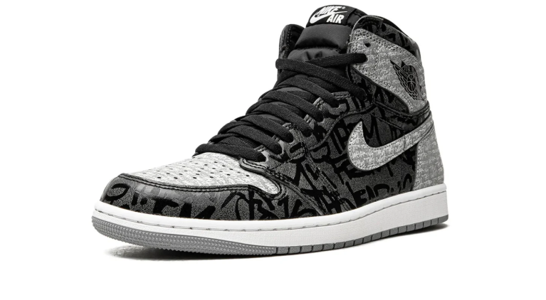 Air Jordan 1 High-Top Sneakers – Black & Gray Graffiti with Red Heel Accents