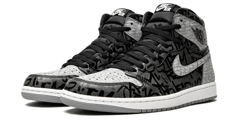 Air Jordan 1 High-Top Sneakers – Black & Gray Graffiti with Red Heel Accents