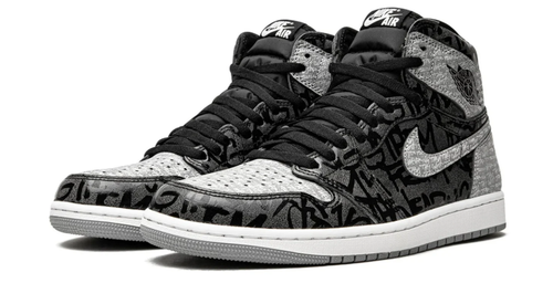 Air Jordan 1 High-Top Sneakers – Black & Gray Graffiti with Red Heel Accents