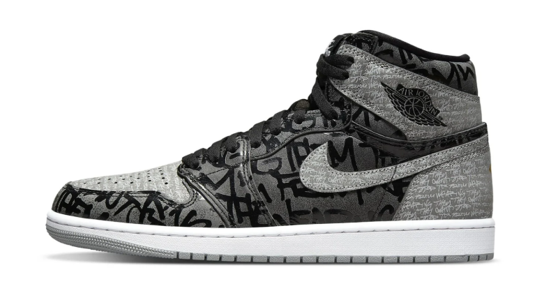 Air Jordan 1 High-Top Sneakers – Black & Gray Graffiti with Red Heel Accents