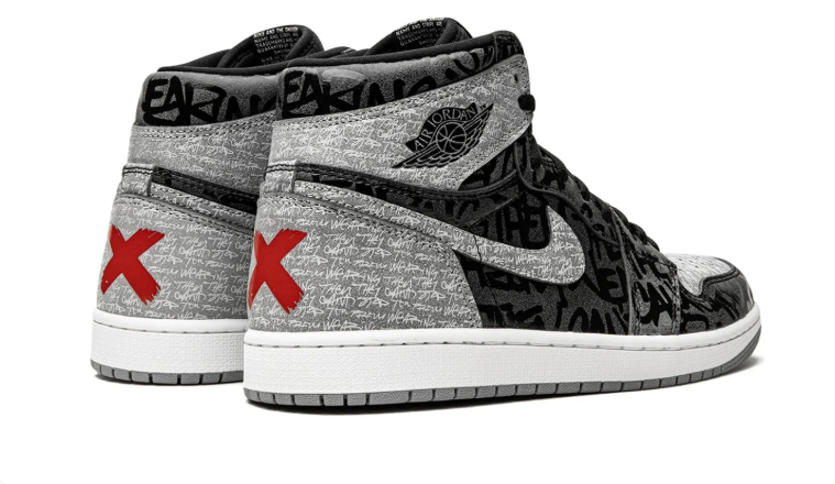 Air Jordan 1 High-Top Sneakers – Black & Gray Graffiti with Red Heel Accents