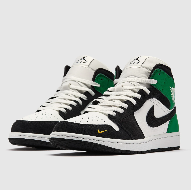 Air Jordan 1 Mid Sneakers – Black, White & Green with Yellow Mini Swoosh