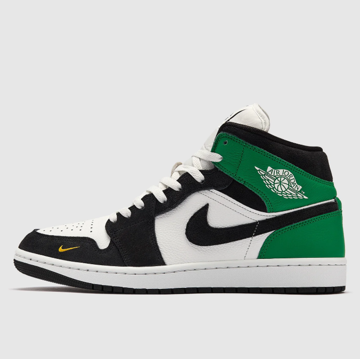 Air Jordan 1 Mid Sneakers – Black, White & Green with Yellow Mini Swoosh