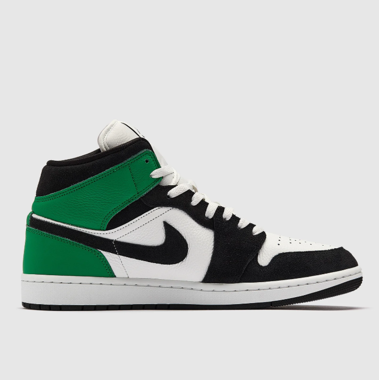 Air Jordan 1 Mid Sneakers – Black, White & Green with Yellow Mini Swoosh