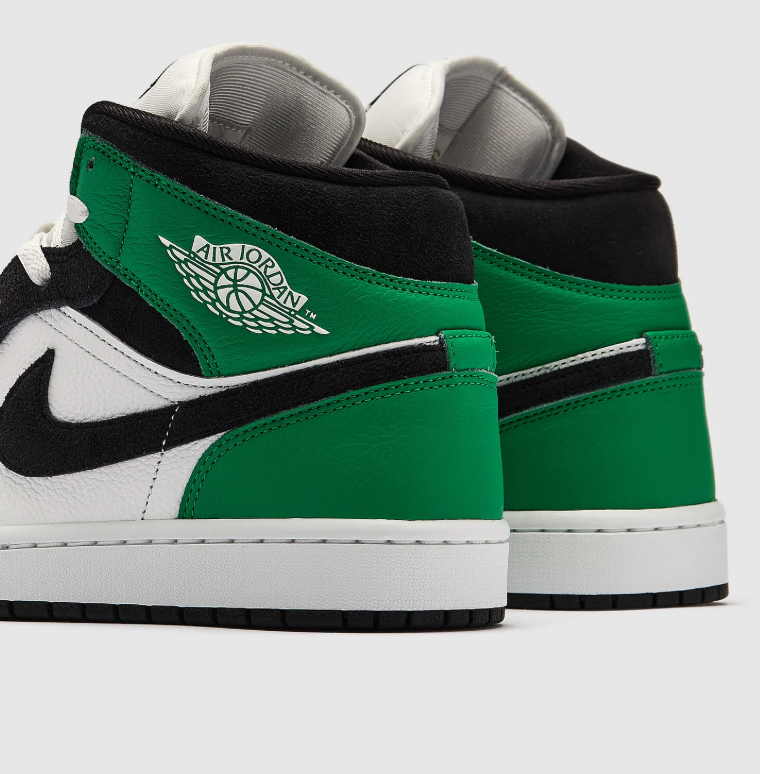 Air Jordan 1 Mid Sneakers – Black, White & Green with Yellow Mini Swoosh