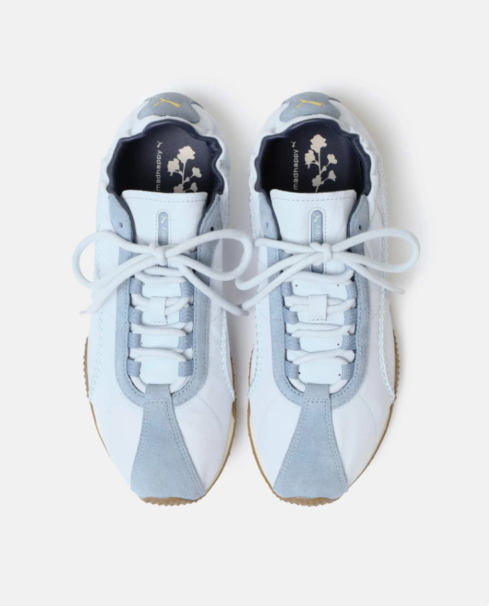 PUMA Low-Profile Sneakers – Pale Blue & White with Yellow Heel Accents