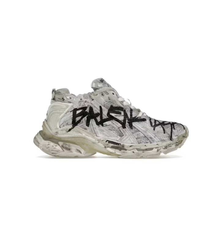 Balenciaga Runner Chunky Sneakers – White & Cream with Black Graffiti